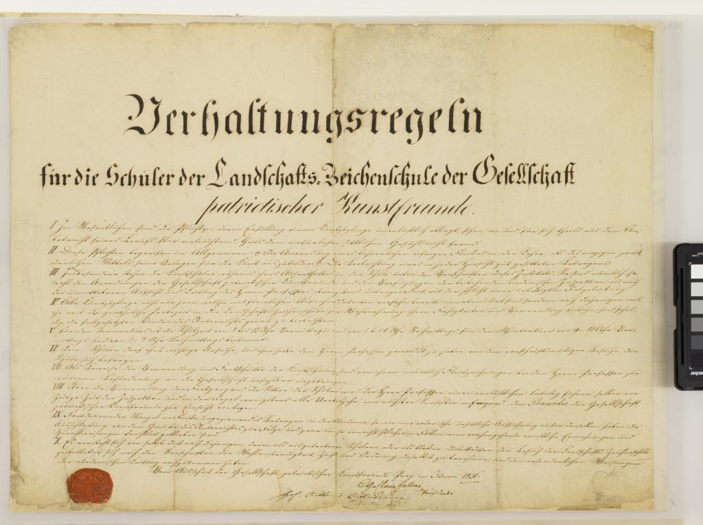 <p>Statut obnovené krajinářské školy Antonína Mánesa z roku 1836 (Archiv AVU)</p>
